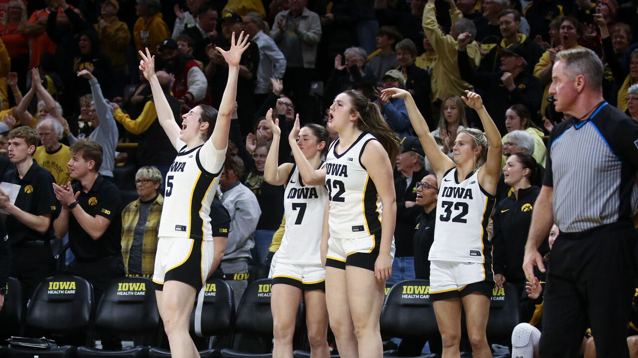 IOWA CITY, IOWA - FEBRUARY 26: Ava Heiden #5 of the Iowa Hawkeyes celebrates alongside teammates on the bench as the clock runs out in the second half against the Illinois Fighting Illini at Carver-Hawkeye Arena on February 26, 2026 in Iowa City, Iowa.