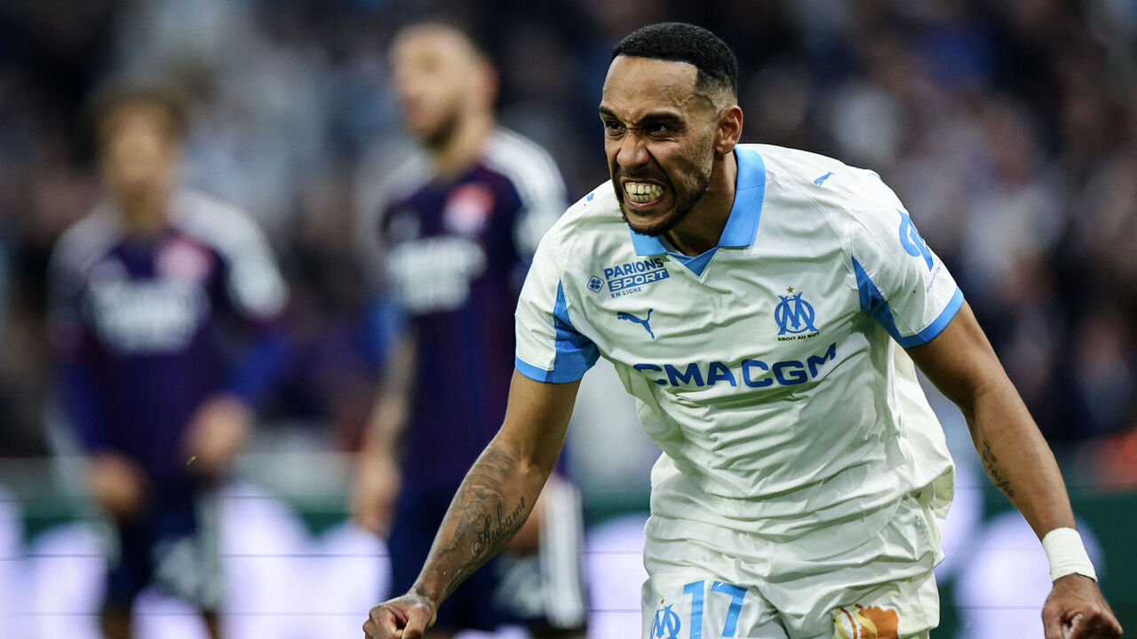 Marseille's Gabonese forward #17 Pierre-Emerick Aubameyang celebrates after scoring his team's second goal during the French L1 football match between Olympique de Marseille (OM) and Olympique Lyonnais (OL) at the Stade Velodrome in Marseille, southern France, on March 1, 2026.