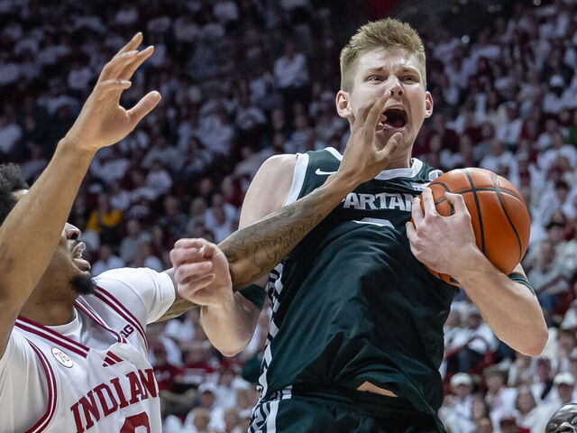 BLOOMINGTON, INDIANA - MARCH 1: Jaxon Kohler #0 of the Michigan State Spartans rebounds the ball against Jasai Miles #0 of the Indiana Hoosiers during the second half at Simon Skjodt Assembly Hall on March 1, 2026 in Bloomington, Indiana.