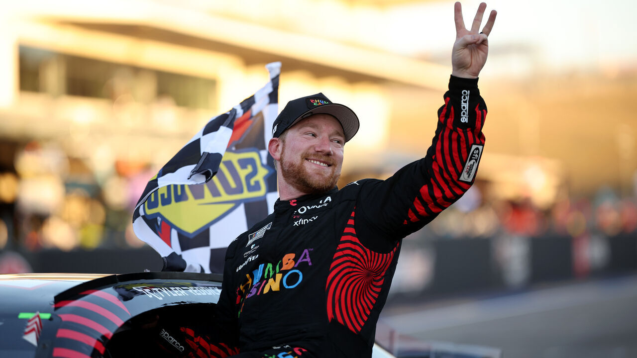 AUSTIN, TEXAS - MARCH 01: Tyler Reddick, driver of the #45 Chumba Casino Toyota, celebrates` after winning his third race in a row to start the 2026 NASCAR season winning the NASCAR Cup Series DuraMax Grand Prix Powered by RelaDyne at Circuit of The Americas on March 01, 2026 in Austin, Texas.