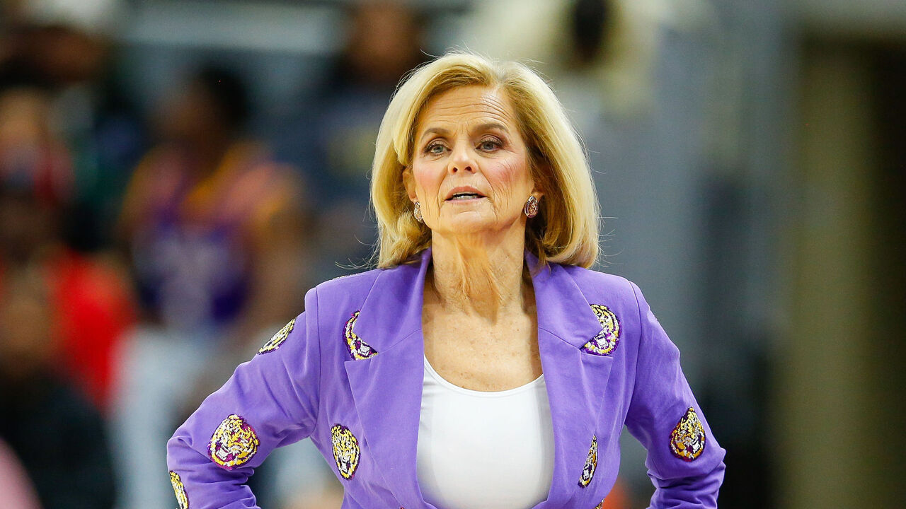 AUBURN, ALABAMA - FEBRUARY 8: Kim Mulkey head coach of the LSU Tigers watches play during the second half against the Auburn Tigers at Neville Arena on February 8, 2026 in Auburn, Alabama.