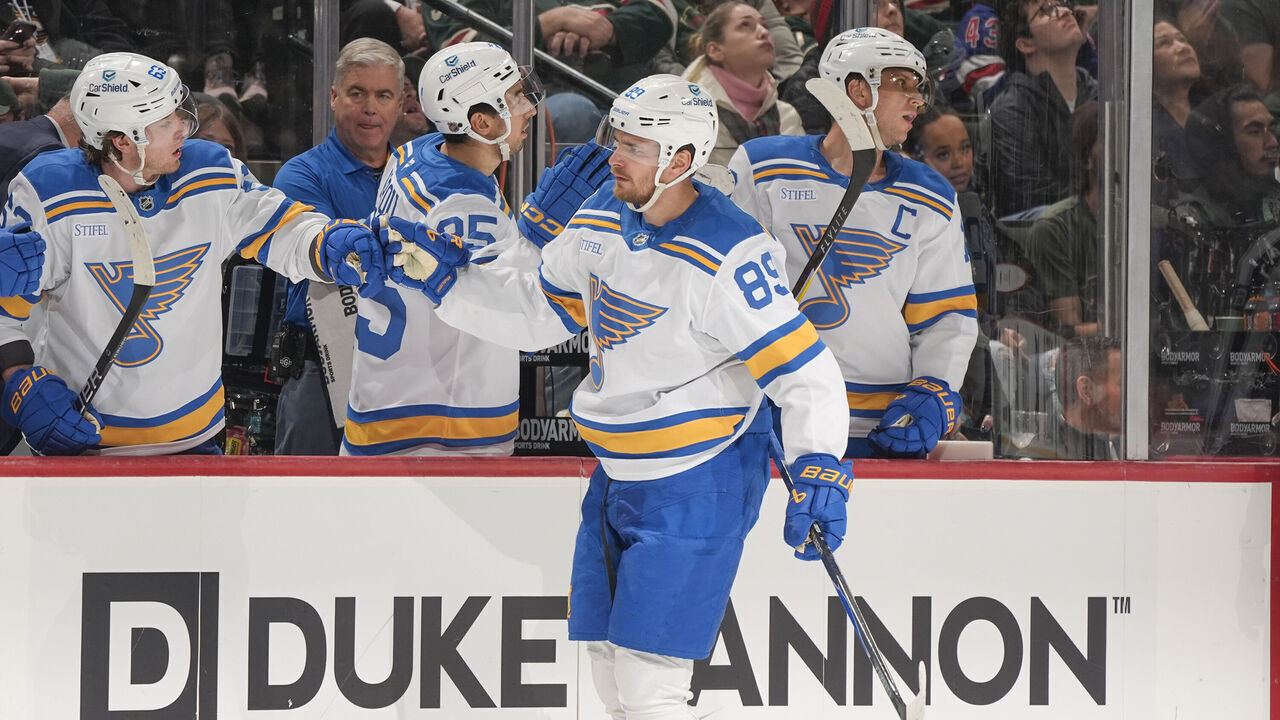 SAINT PAUL, MN - MARCH 1: Pavel Buchnevich #89 of the St. Louis Blues celebrates his goal against the Minnesota Wild during the game at Grand Casino Arena on March 1, 2026 in Saint Paul, Minnesota.
