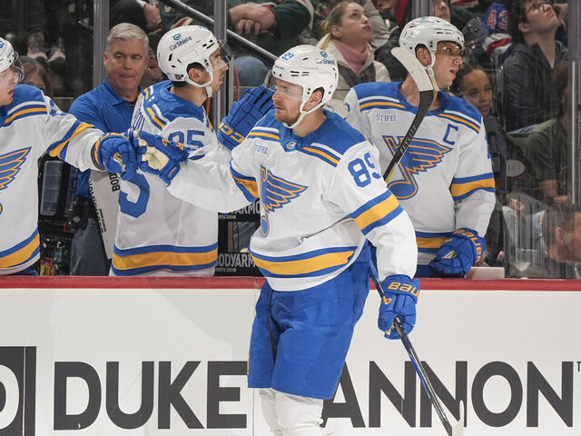SAINT PAUL, MN - MARCH 1: Pavel Buchnevich #89 of the St. Louis Blues celebrates his goal against the Minnesota Wild during the game at Grand Casino Arena on March 1, 2026 in Saint Paul, Minnesota.
