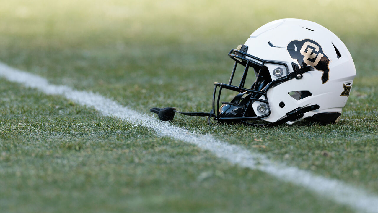 BOULDER, COLORADO - NOVEMBER 29: A detailed view of a helmet worn by the Colorado Buffaloes prior to the game against the Oklahoma State Cowboys at Folsom Field on November 29, 2024 in Boulder, Colorado.