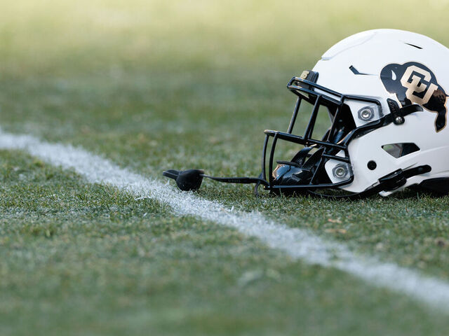 BOULDER, COLORADO - NOVEMBER 29: A detailed view of a helmet worn by the Colorado Buffaloes prior to the game against the Oklahoma State Cowboys at Folsom Field on November 29, 2024 in Boulder, Colorado.
