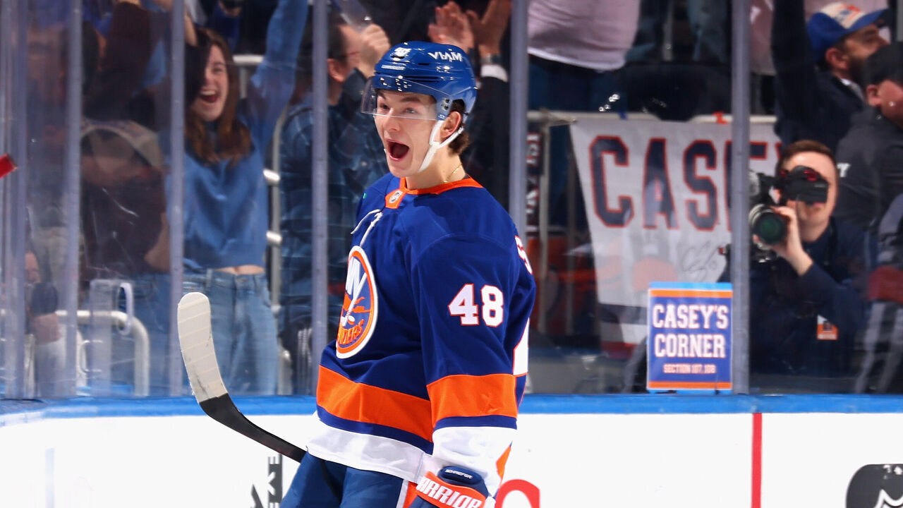 ELMONT, NEW YORK - MARCH 01: Matthew Schaefer #48 of the New York Islanders celebrates his second goal of the game in the third period against the Florida Panthers at UBS Arena on March 01, 2026 in Elmont, New York.