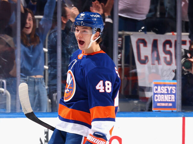 ELMONT, NEW YORK - MARCH 01: Matthew Schaefer #48 of the New York Islanders celebrates his second goal of the game in the third period against the Florida Panthers at UBS Arena on March 01, 2026 in Elmont, New York.