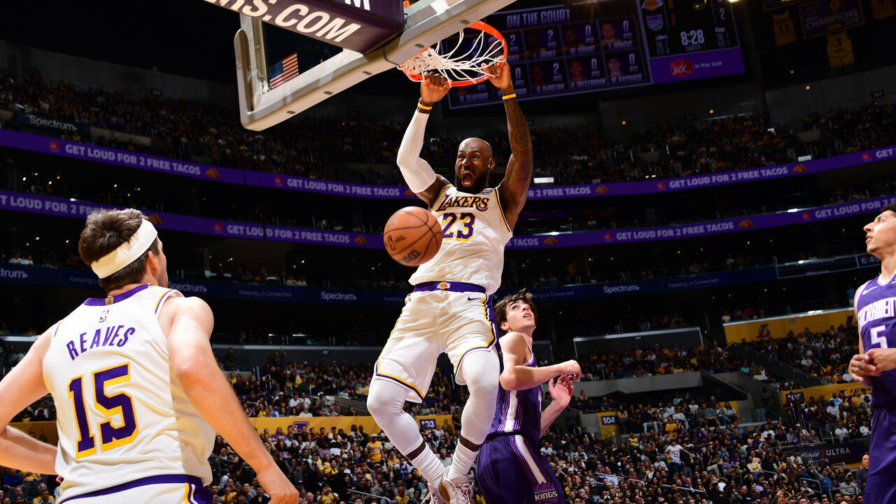 LOS ANGELES, CA - MARCH 1: LeBron James #23 of the Los Angeles Lakers celebrates after dunking the ball during the game against the Sacramento Kings on March 1, 2026 at Crypto.Com Arena in Los Angeles, California. NOTE TO USER: User expressly acknowledges and agrees that, by downloading and/or using this Photograph, user is consenting to the terms and conditions of the Getty Images License Agreement. Mandatory Copyright Notice: Copyright 2026 NBAE