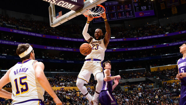LOS ANGELES, CA - MARCH 1: LeBron James #23 of the Los Angeles Lakers celebrates after dunking the ball during the game against the Sacramento Kings on March 1, 2026 at Crypto.Com Arena in Los Angeles, California. NOTE TO USER: User expressly acknowledges and agrees that, by downloading and/or using this Photograph, user is consenting to the terms and conditions of the Getty Images License Agreement. Mandatory Copyright Notice: Copyright 2026 NBAE
