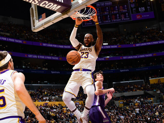 LOS ANGELES, CA - MARCH 1: LeBron James #23 of the Los Angeles Lakers celebrates after dunking the ball during the game against the Sacramento Kings on March 1, 2026 at Crypto.Com Arena in Los Angeles, California. NOTE TO USER: User expressly acknowledges and agrees that, by downloading and/or using this Photograph, user is consenting to the terms and conditions of the Getty Images License Agreement. Mandatory Copyright Notice: Copyright 2026 NBAE