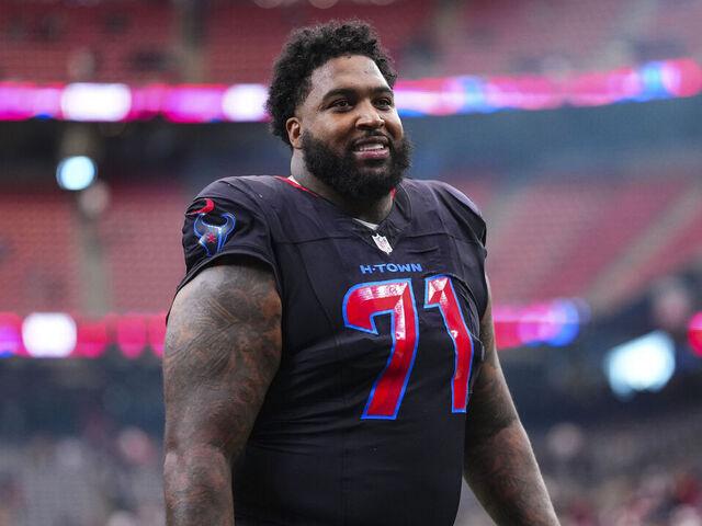 HOUSTON, TX - JANUARY 04: Tytus Howard #71 of the Houston Texans exits the field after an NFL football game against the Indianapolis Colts at NRG Stadium on January 4, 2026 in Houston, Texas.