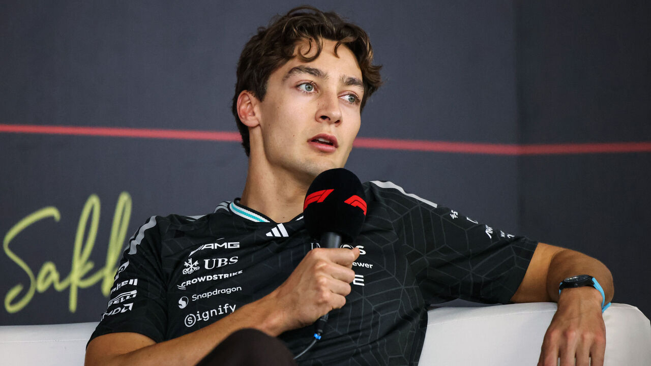BAHRAIN, BAHRAIN - FEBRUARY 20: George Russell of Great Britain and Mercedes AMG Petronas F1 Team speaks in the Drivers Press Conference during day three of F1 Testing at Bahrain International Circuit on February 20, 2026 in Bahrain, Bahrain.