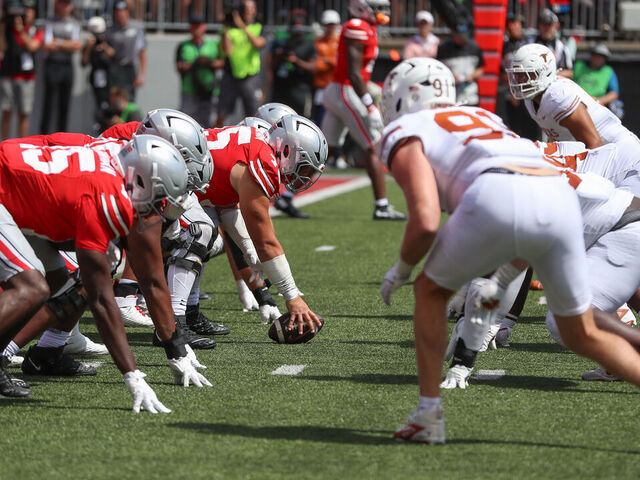 COLUMBUS, OH - AUGUST 30: Ohio State Buckeyes line up opposite Texas Longhorns during the game on August 30, 2025, at Ohio Stadium in Columbus, OH.