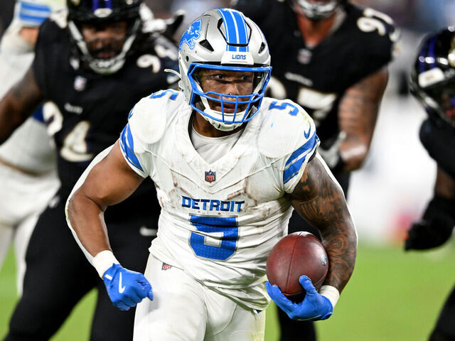 BALTIMORE, MARYLAND - SEPTEMBER 22: David Montgomery #5 of the Detroit Lions rushes for a touchdown in the fourth quarter against the Baltimore Ravens at M&T Bank Stadium on September 22, 2025 in Baltimore, Maryland.
