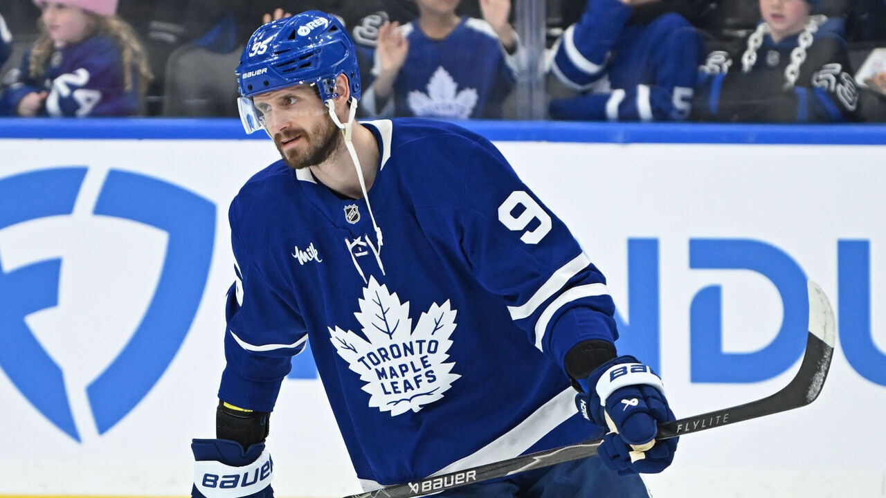 TORONTO, ON - JANUARY 25: Toronto Maple Leafs defenceman Oliver Ekman Larsson (95) in warmups prior to the regular season NHL game between the Colorado Avalanche and Toronto Maple Leafs on January 25, 2026 at Scotiabank Arena in Toronto, ON