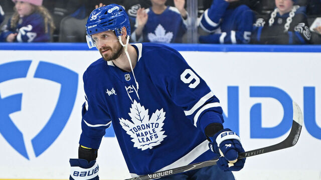 TORONTO, ON - JANUARY 25: Toronto Maple Leafs defenceman Oliver Ekman Larsson (95) in warmups prior to the regular season NHL game between the Colorado Avalanche and Toronto Maple Leafs on January 25, 2026 at Scotiabank Arena in Toronto, ON