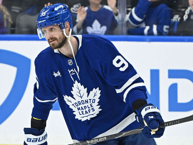 TORONTO, ON - JANUARY 25: Toronto Maple Leafs defenceman Oliver Ekman Larsson (95) in warmups prior to the regular season NHL game between the Colorado Avalanche and Toronto Maple Leafs on January 25, 2026 at Scotiabank Arena in Toronto, ON