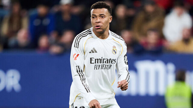 PAMPLONA, SPAIN - FEBRUARY 21: Kylian Mbappe of Real Madrid reacts during the LaLiga EA Sports match between CA Osasuna and Real Madrid CF at Estadio El Sadar on February 21, 2026 in Pamplona, Spain.