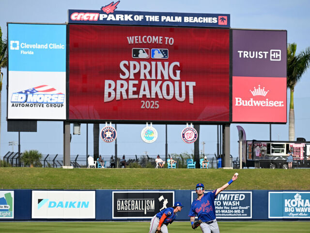 WEST PALM BEACH, FLORIDA - MARCH 16, 2025: A view of the Spring Breakout logo on the scoreboard prior to a spring training Spring Breakout game between the New York Mets and the Washington Nationals at CACTI Park of the Palm Beaches on March 16, 2025 in West Palm Beach, Florida.
