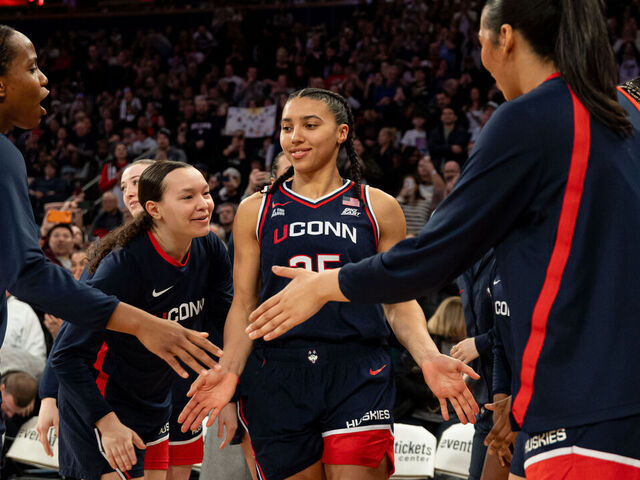 Azzi Fudd #35 of the UConn Huskies is introduced before the first half of the game against the St. John's Red Storm at Madison Square Garden in New York City, United States, on March 1, 2026, during an NCAA women's basketball game.