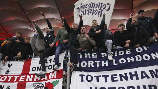 FRANKFURT AM MAIN, GERMANY - APRIL 17: Fans of Tottenham Hotspur celebrate after the UEFA Europa League 2024/25 Quarter Final Second Leg match between Eintracht Frankfurt and Tottenham Hotspur at Deutsche Bank Park on April 17, 2025 in Frankfurt am Main, Germany.