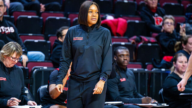 Coquese Washington, the head coach of the Rutgers Scarlet Knights, is present during an NCAA women's basketball game at Jersey Mike's Arena in Piscataway, United States, on February 21, 2026.