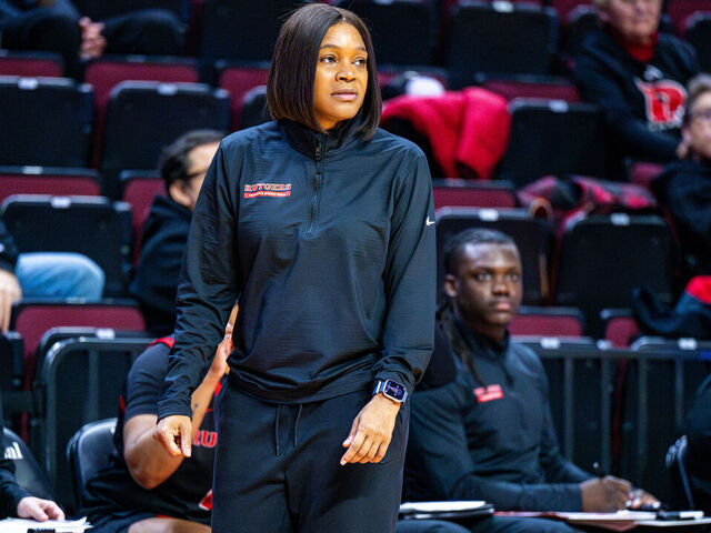 Coquese Washington, the head coach of the Rutgers Scarlet Knights, is present during an NCAA women's basketball game at Jersey Mike's Arena in Piscataway, United States, on February 21, 2026.