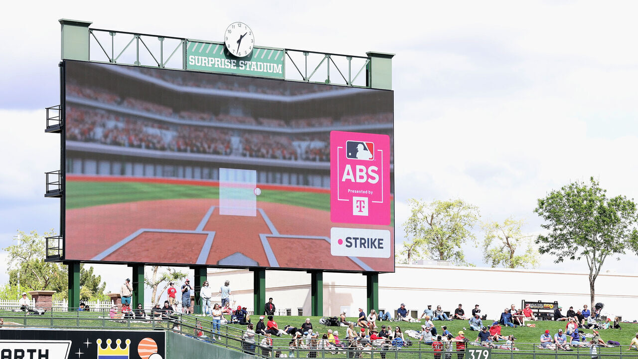SURPRISE, ARIZONA - MARCH 12: The video board displays the Automated Ball-Strike (ABS) system on a challenge in the second inning of the MLB game at Surprise Stadium on March 12, 2025 in Surprise, Arizona.