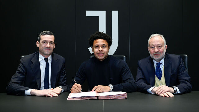 TURIN, ITALY - MARCH 2: Marco Ottolini, Weston McKennie, Gianluca Ferrero seen as Weston McKennie signs a contract extension with Juventus at the team headquarters on March 2, 2026 in Turin, Italy.