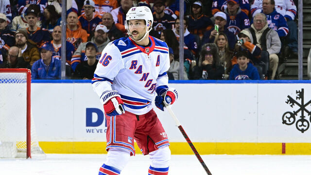 ELMONT, NEW YORK - JANUARY 28: Vincent Trocheck #16 of the New York Rangers skates against the New York Islanders during the game at UBS Arena on January 28, 2026 in Elmont, New York.