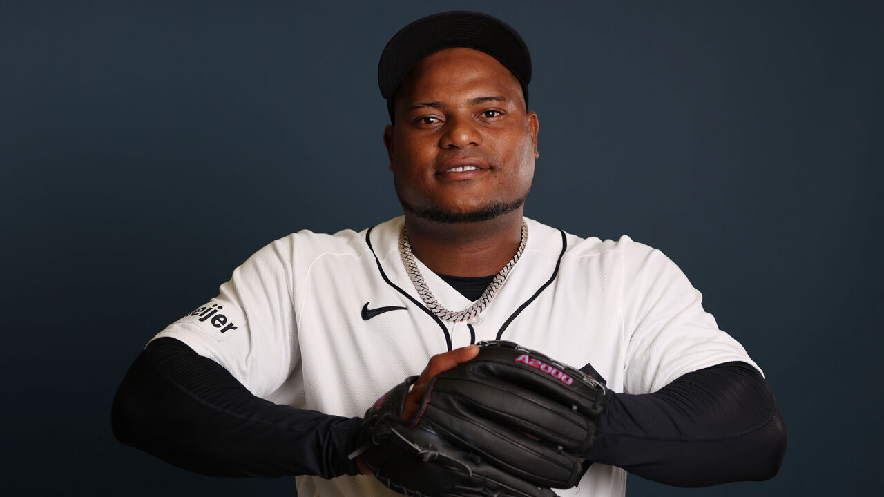 LAKELAND, FLORIDA - FEBRUARY 17: Framber Valdez #59 of the Detroit Tigers poses for a photo during the Detroit Tigers Photo Day at Publix Field at Joker Marchant Stadium on February 17, 2026 in Lakeland, Florida.