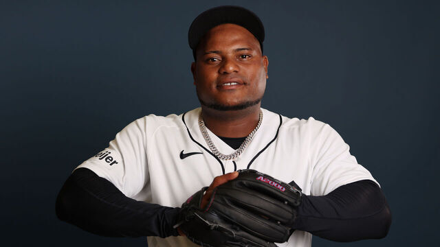 LAKELAND, FLORIDA - FEBRUARY 17: Framber Valdez #59 of the Detroit Tigers poses for a photo during the Detroit Tigers Photo Day at Publix Field at Joker Marchant Stadium on February 17, 2026 in Lakeland, Florida.