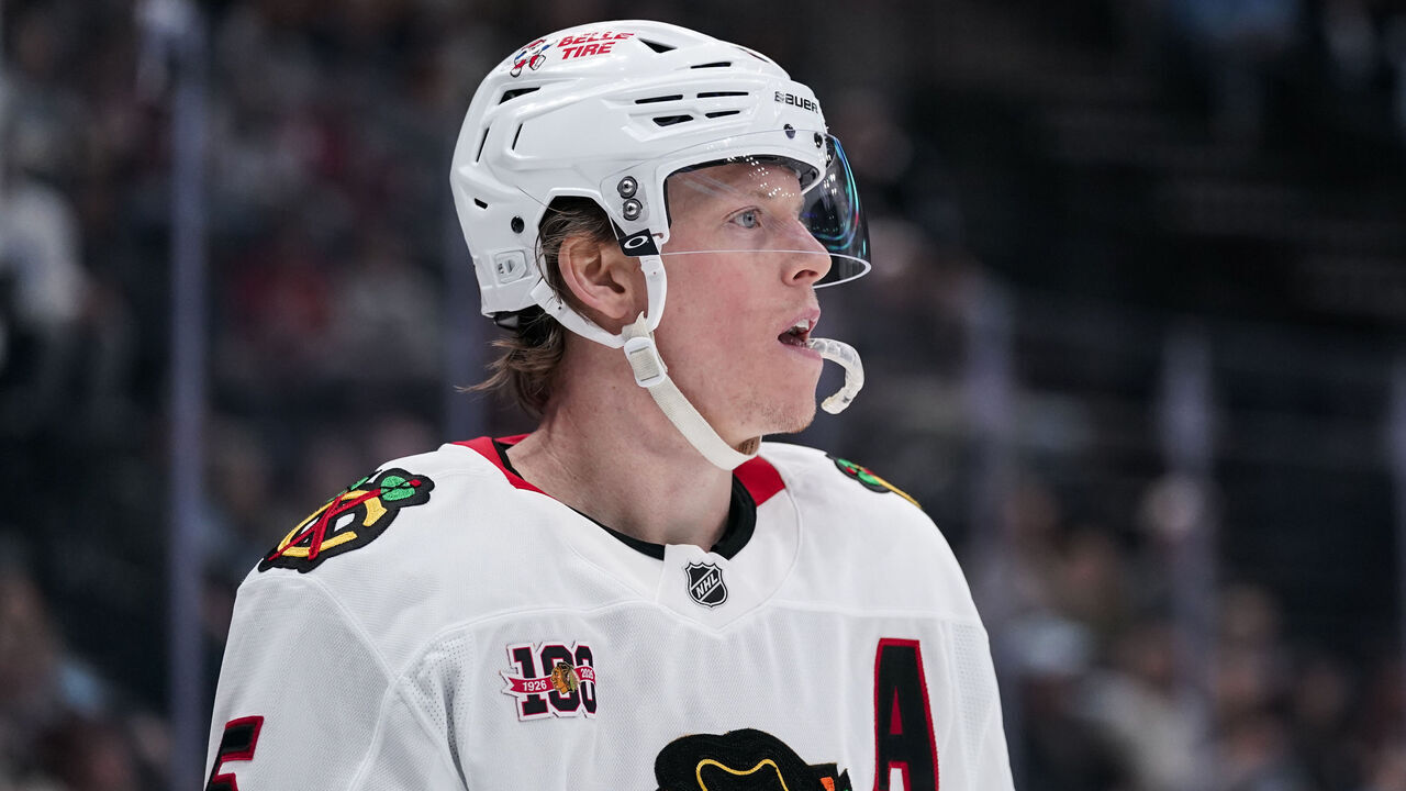 SALT LAKE CITY, UT - MARCH 01: Connor Murphy #5 of the Chicago Blackhawks looks on during an NHL game between the Chicago Blackhawks and the Utah Mammoth on March 1, 2026 at the Delta Center in Salt Lake City, UT.