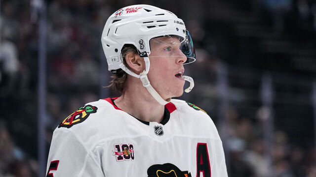 SALT LAKE CITY, UT - MARCH 01: Connor Murphy #5 of the Chicago Blackhawks looks on during an NHL game between the Chicago Blackhawks and the Utah Mammoth on March 1, 2026 at the Delta Center in Salt Lake City, UT.