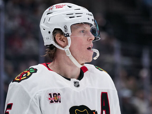 SALT LAKE CITY, UT - MARCH 01: Connor Murphy #5 of the Chicago Blackhawks looks on during an NHL game between the Chicago Blackhawks and the Utah Mammoth on March 1, 2026 at the Delta Center in Salt Lake City, UT.