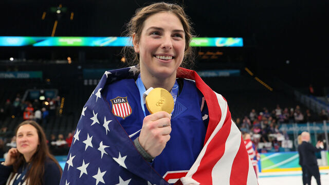 MILAN, ITALY - FEBRUARY 19: Gold medalist Hilary Knight #21 of Team United States celebrates after the medal ceremony for Women's Ice Hockey after the Women's Gold Medal match between the United States and Canada on day 13 of the Milano Cortina 2026 Winter Olympic games at Milano Santagiulia Ice Hockey Arena on February 19, 2026 in Milan, Italy.