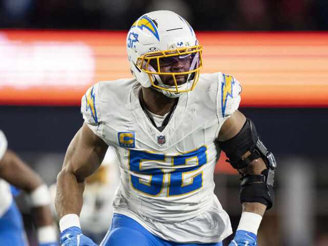 FOXBOROUGH, MASSACHUSETTS - JANUARY 11: Khalil Mack #52 of the Los Angeles Chargers runs around the edge during an NFL wild card playoff game against the New England Patriots at Gillette Stadium on January 11, 2026 in Foxborough, Massachusetts.