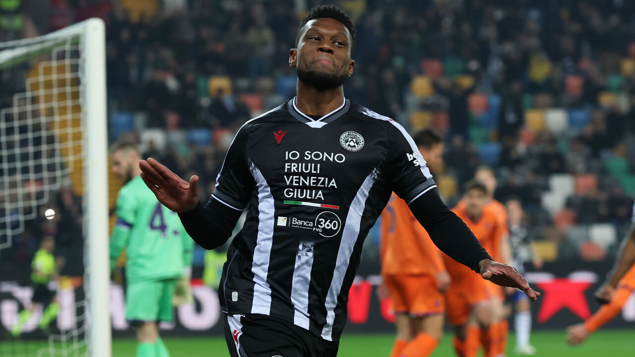 UDINE, ITALY - MARCH 02: Christian Kabasele of Udinese celebrates scoring his team's first goal during the Serie A match between Udinese Calcio and ACF Fiorentina at Stadio Friuli on March 02, 2026 in Udine, Italy.