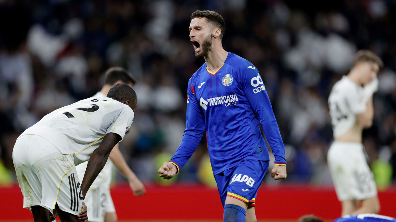 MADRID, SPAIN - MARCH 2: Domingos Duarte of Getafe CF celebrates the victory during the LaLiga EA Sports match between Real Madrid v Getafe at the Estadio Santiago Bernabeu on March 2, 2026 in Madrid Spain