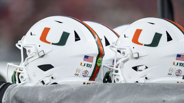GLENDALE, AZ - JANUARY 08: Miami Hurricanes helmets on display during the Miami Hurricanes versus Ole Miss Rebels College Football Playoff Semifinal at the Vrbo Fiesta Bowl on January 8, 2026, at State Farm Stadium in Glendale, AZ.