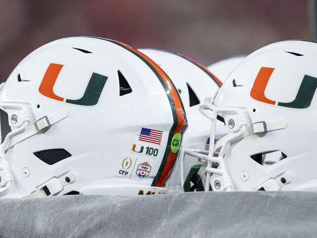 GLENDALE, AZ - JANUARY 08: Miami Hurricanes helmets on display during the Miami Hurricanes versus Ole Miss Rebels College Football Playoff Semifinal at the Vrbo Fiesta Bowl on January 8, 2026, at State Farm Stadium in Glendale, AZ.