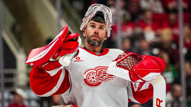 RALEIGH, NORTH CAROLINA - FEBRUARY 28: John Gibson #36 of the Detroit Red Wings looks on during the third period against the Carolina Hurricanes at Lenovo Center on February 28, 2026 in Raleigh, North Carolina.
