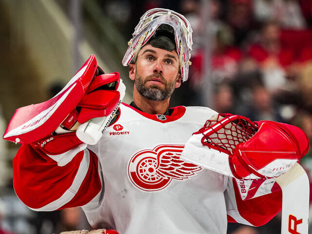 RALEIGH, NORTH CAROLINA - FEBRUARY 28: John Gibson #36 of the Detroit Red Wings looks on during the third period against the Carolina Hurricanes at Lenovo Center on February 28, 2026 in Raleigh, North Carolina.