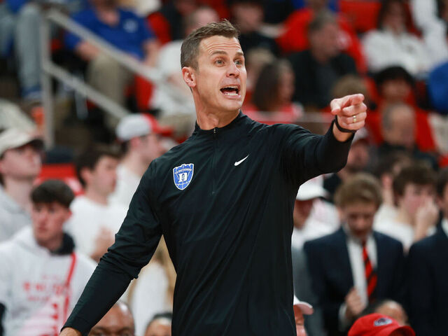 RALEIGH, NC - MARCH 02: Head coach Jon Scheyer of the Duke Blue Devils signals to his team during the college basketball game between the NC State Wolfpack and the Duke Blue Devils on March 2, 2026 at the Lenovo Center in Raleigh, N.C.