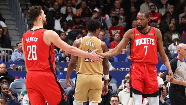WASHINGTON, DC - MARCH 2: Kevin Durant #7 and Alperen Sengun #28 of the Houston Rockets high five during the game against the Washington Wizards on March 2, 2026 at Capital One Arena in Washington, DC. Mandatory Copyright Notice: Copyright 2026 NBAE