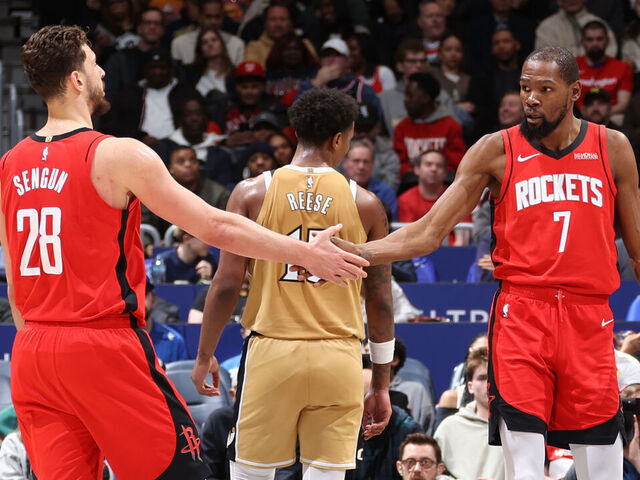 WASHINGTON, DC - MARCH 2: Kevin Durant #7 and Alperen Sengun #28 of the Houston Rockets high five during the game against the Washington Wizards on March 2, 2026 at Capital One Arena in Washington, DC. Mandatory Copyright Notice: Copyright 2026 NBAE