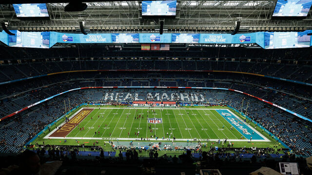 A general view shows the Santiago Bernabeu stadium before the NFL match between Miami Dolphins and Washington Commanders at Santiago Bernabeu Stadium in Madrid on November 16, 2025.