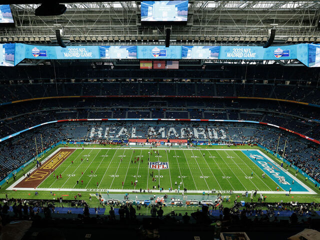 A general view shows the Santiago Bernabeu stadium before the NFL match between Miami Dolphins and Washington Commanders at Santiago Bernabeu Stadium in Madrid on November 16, 2025.