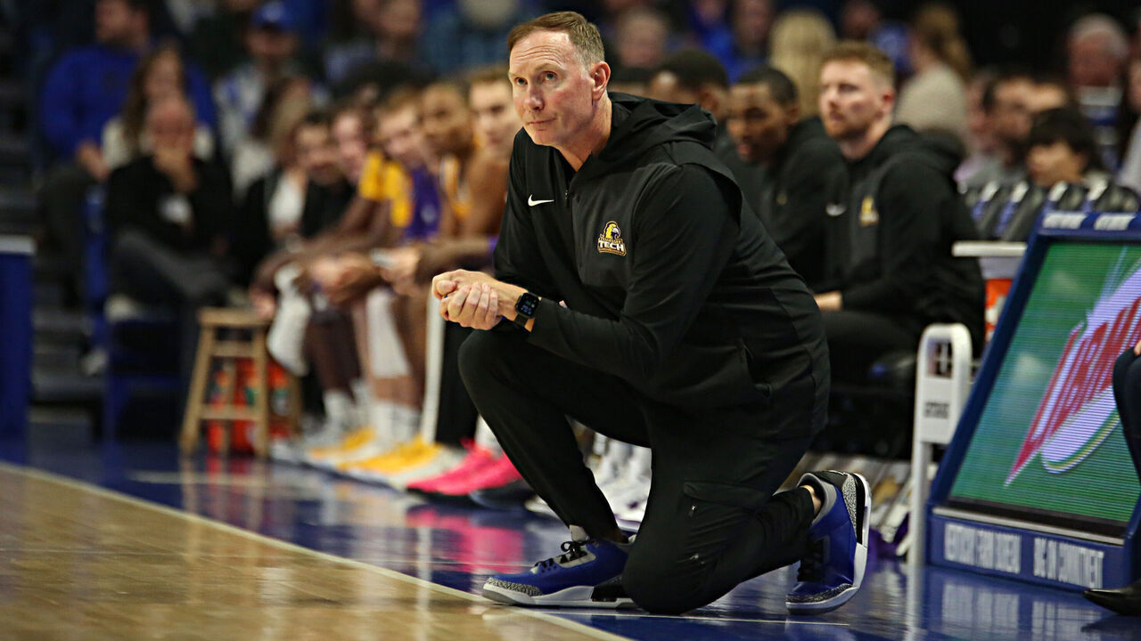 LEXINGTON, KY - NOVEMBER 26: Tennessee Tech Golden Eagles Head coach John Pelphrey in a game between the Tennessee Tech Golden Eagles and the Kentucky Wildcats on November 26, 2025, at Rupp Arena in Lexington, KY.