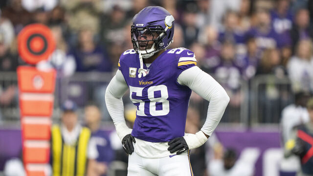 MINNEAPOLIS, MINNESOTA - NOVEMBER 9: Jonathan Greenard #58 of the Minnesota Vikings looks on during an NFL football game against the Baltimore Ravens at U.S. Bank Stadium on November 09, 2025 in Minneapolis, Minnesota.